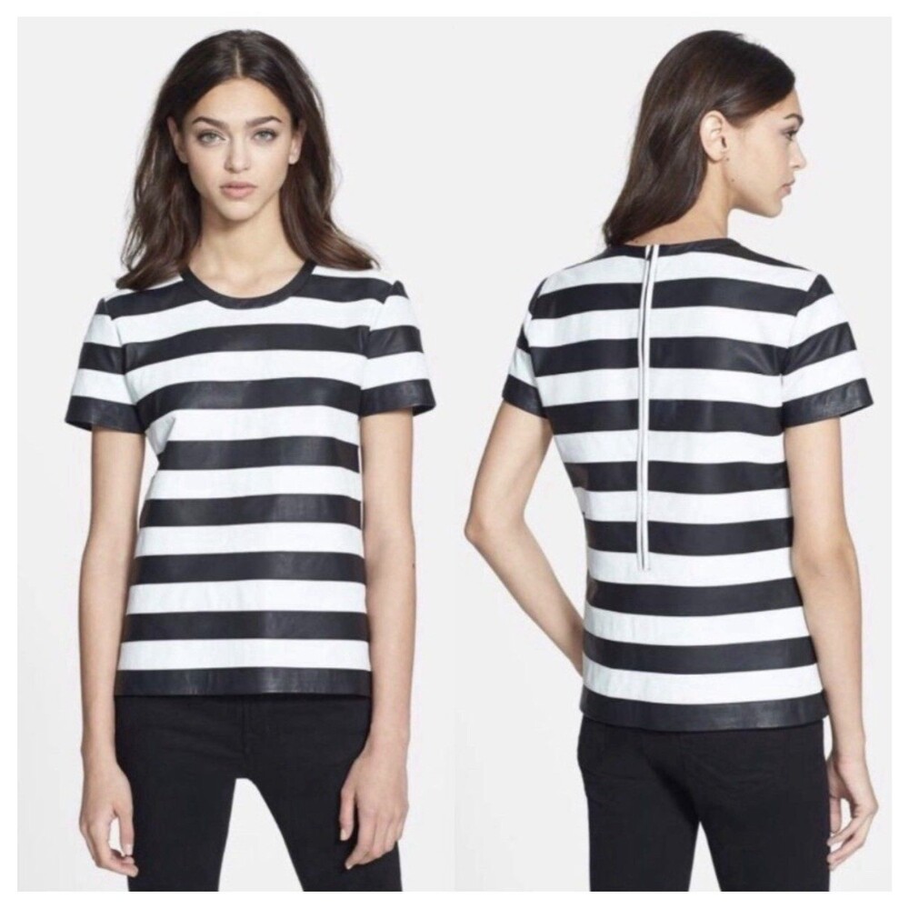 Theory Sz S Striped Lambskin Leather Short Sleeve Lined Top Black & White NWOT